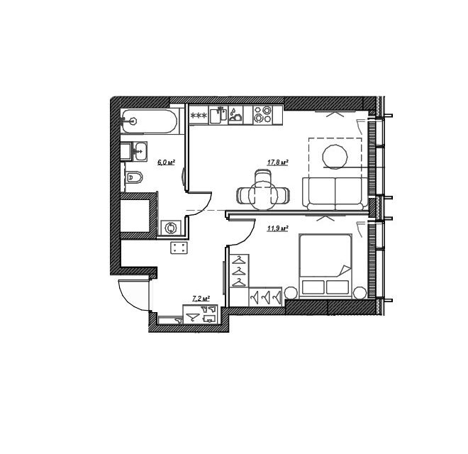 Продаётся 1-комнатная квартира, 42.9 м²