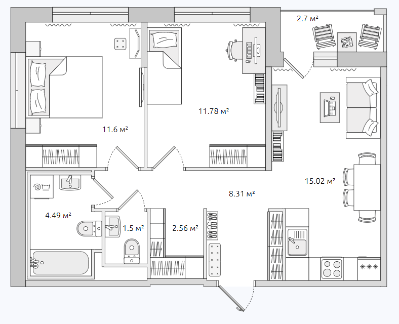 Продаётся 2-комнатная квартира, 55.6 м²