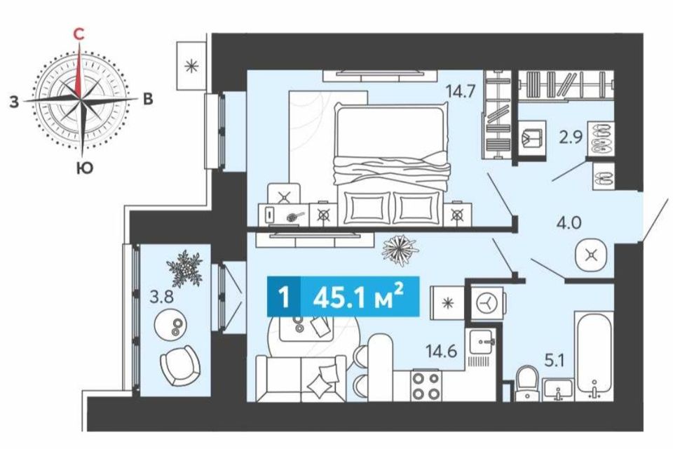 Продаётся 1-комнатная квартира, 44.9 м²