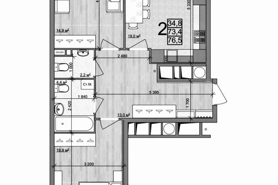 Продаётся 2-комнатная квартира, 77 м²