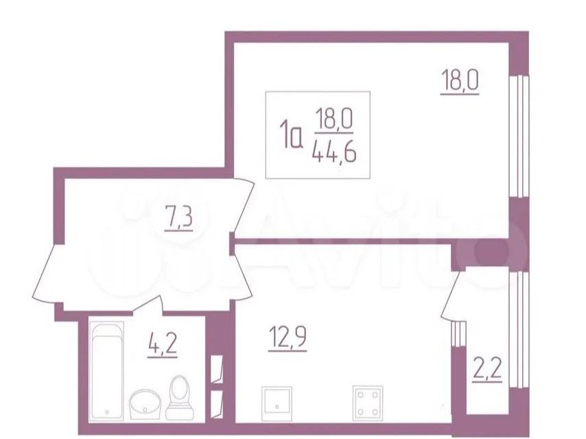 Продаётся 1-комнатная квартира, 44.5 м²