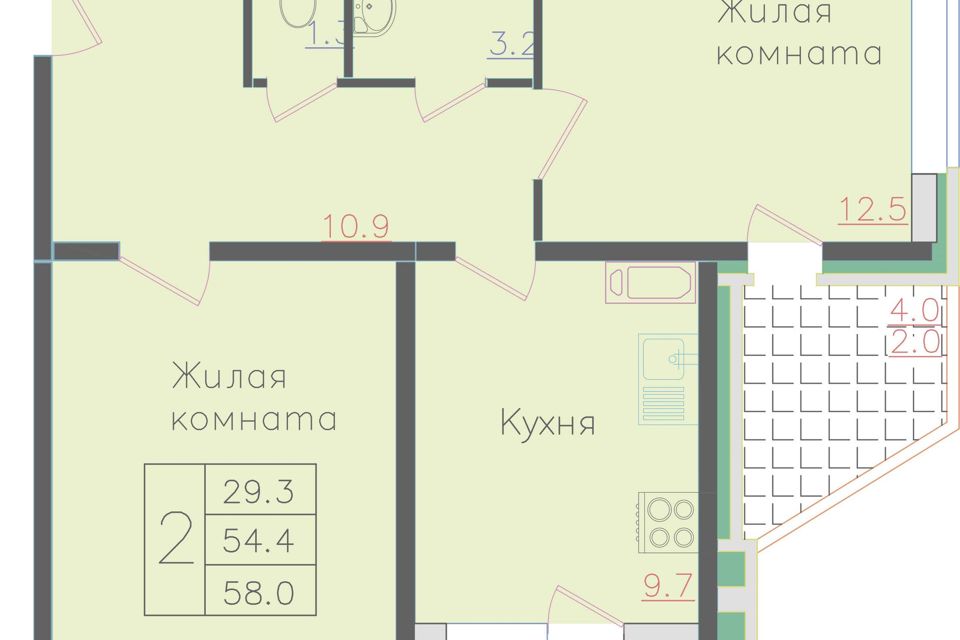 Продаётся 2-комнатная квартира, 54.8 м²