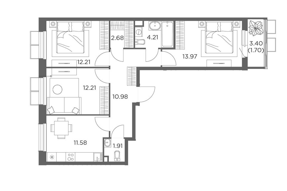 Продаётся 3-комнатная квартира, 71.45 м²