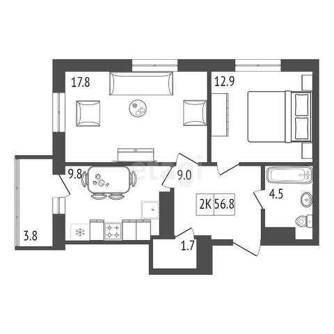 Продаётся 2-комнатная квартира, 56.8 м²