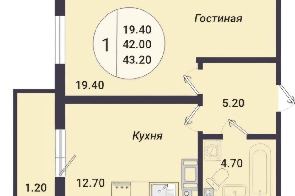 Продаётся 1-комнатная квартира, 43.2 м²