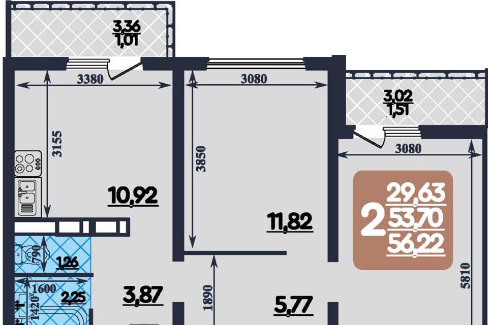 Продаётся 2-комнатная квартира, 56 м²