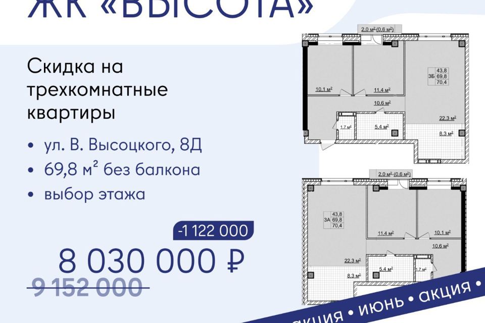 Продаётся 3-комнатная квартира, 69.8 м²