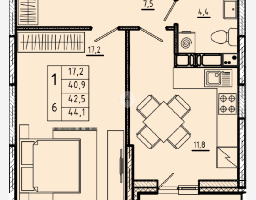 Продаётся 1-комнатная квартира, 40.9 м²