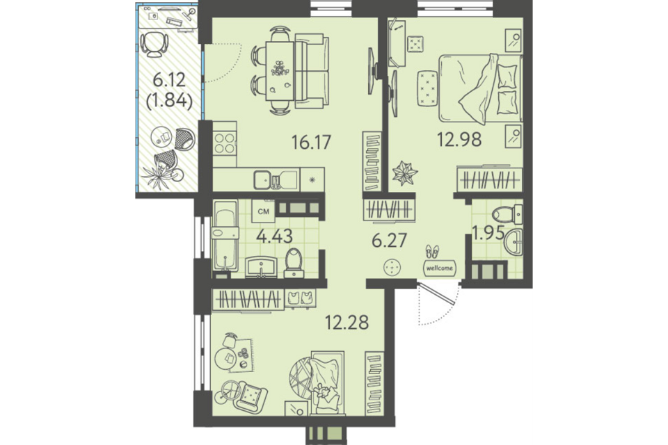 Продаётся 2-комнатная квартира, 53.8 м²