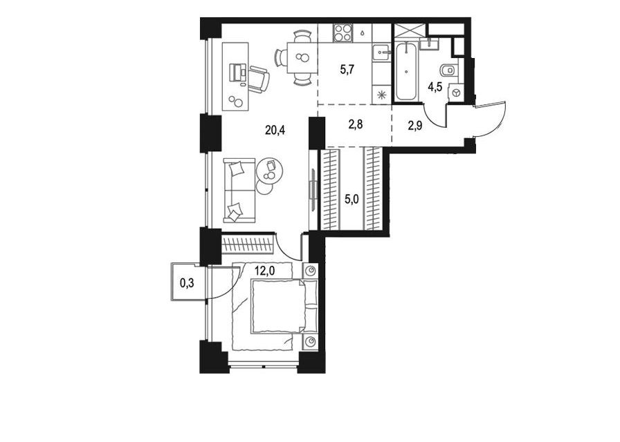 Продаётся 1-комнатная квартира, 53.6 м²