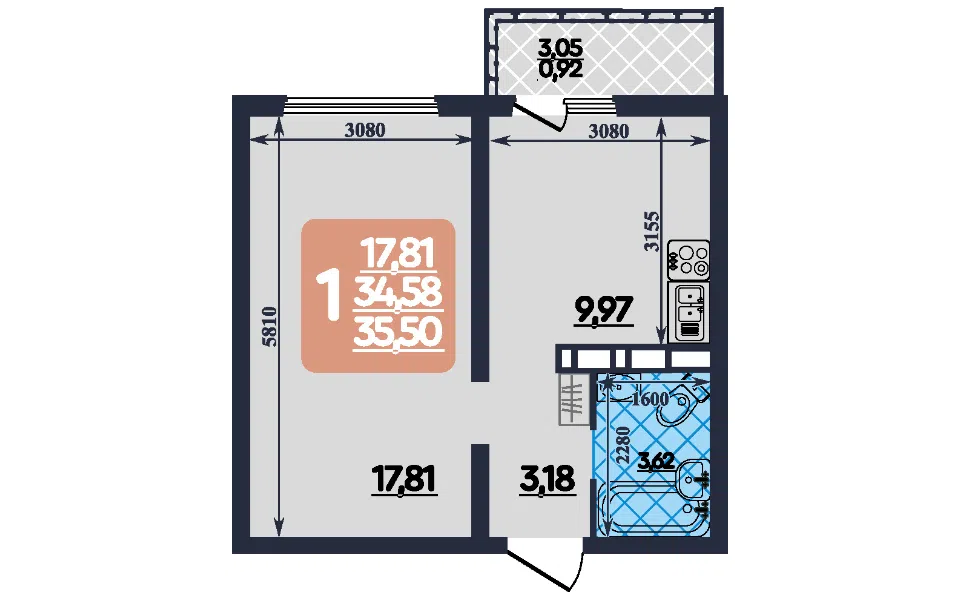 Продаётся 1-комнатная квартира, 35.5 м²