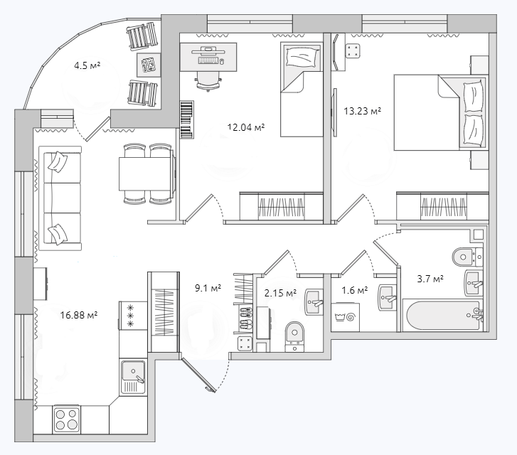Продаётся 2-комнатная квартира, 57 м²