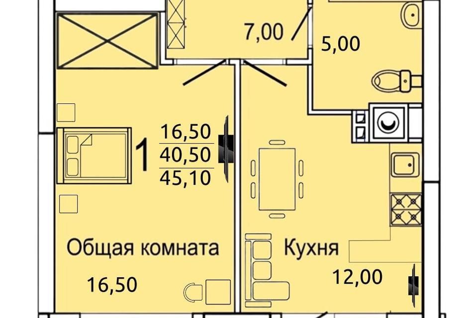 Продаётся 1-комнатная квартира, 45.1 м²
