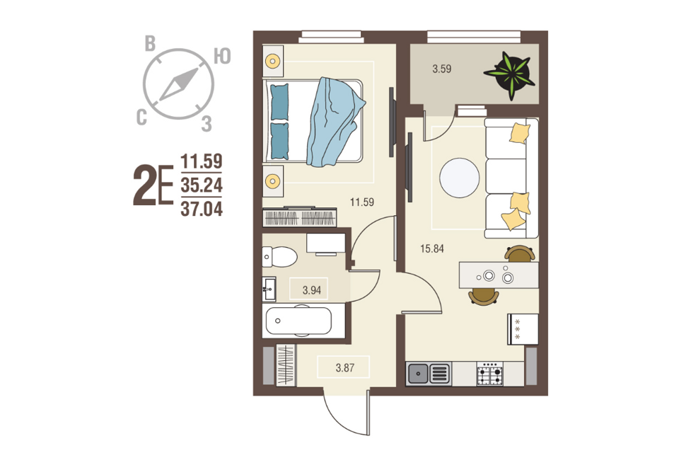 Продаётся 1-комнатная квартира, 37.04 м²