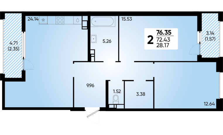 Продаётся 2-комнатная квартира, 76.35 м²