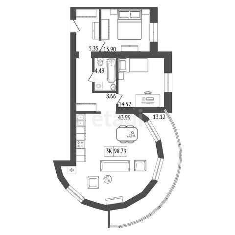 Продаётся 2-комнатная квартира, 99.09 м²