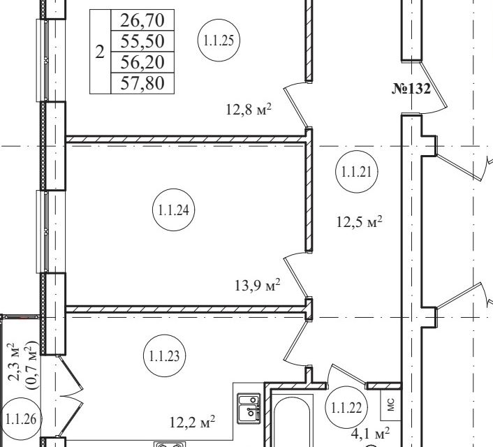 Продаётся 2-комнатная квартира, 55.8 м²