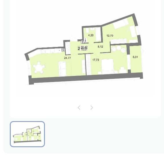 Продаётся 2-комнатная квартира, 70.01 м²
