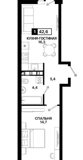 Продаётся 2-комнатная квартира, 43 м²