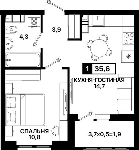 Продаётся 1-комнатная квартира, 36 м²