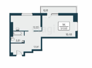 Продаётся 1-комнатная квартира, 53.9 м²