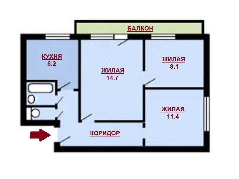 Продаётся 3-комнатная квартира, 51.4 м²