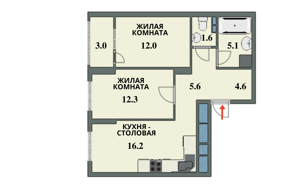 Продаётся 2-комнатная квартира, 60.4 м²