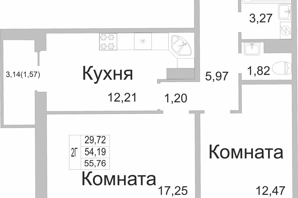 Продаётся 2-комнатная квартира, 55.8 м²