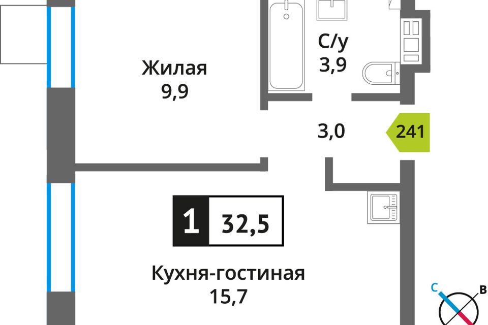 Продаётся 1-комнатная квартира, 32.5 м²