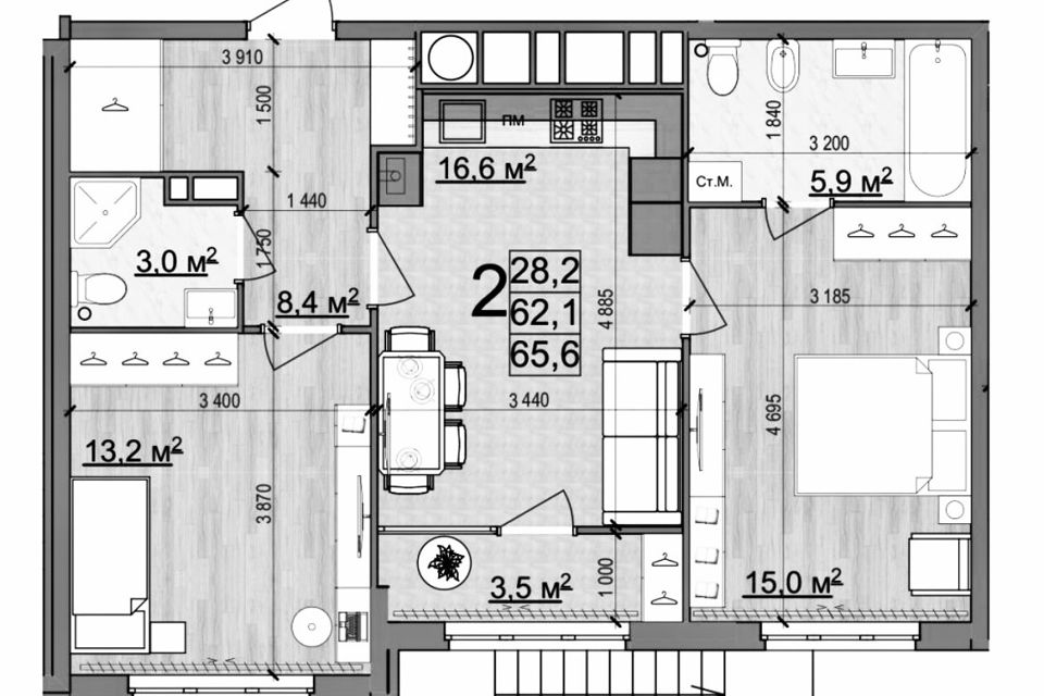 Продаётся 2-комнатная квартира, 66 м²
