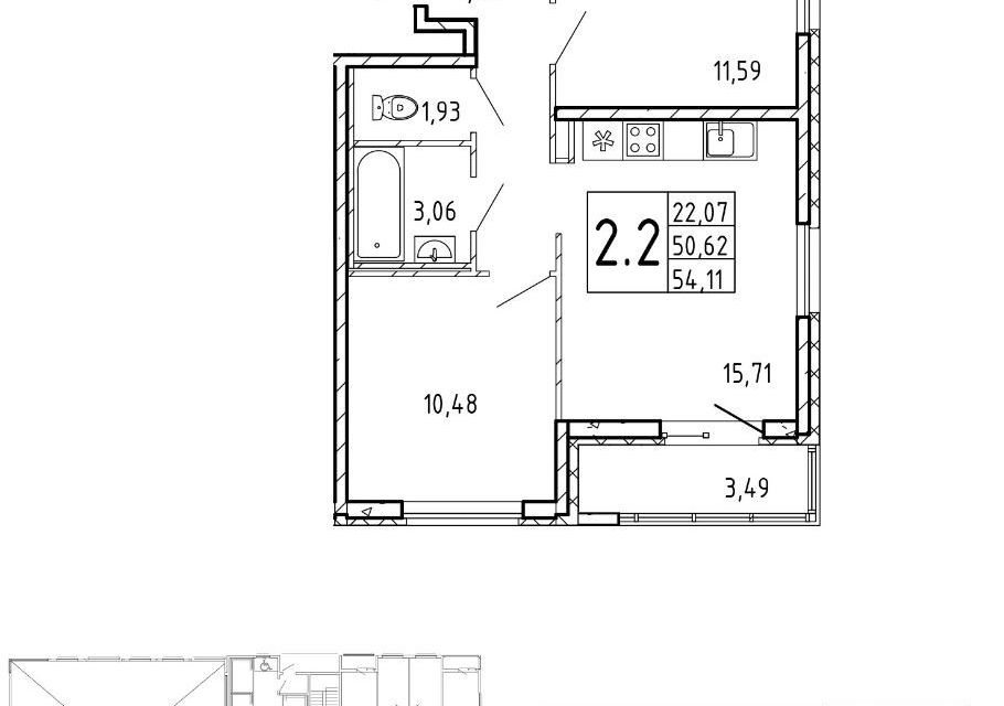 Продаётся 2-комнатная квартира, 51.3 м²