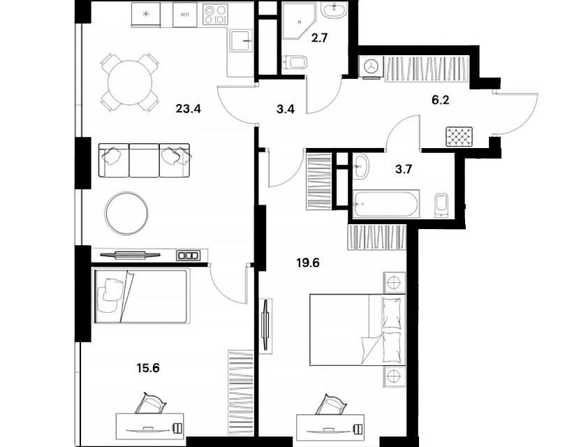 Продаётся 2-комнатная квартира, 74.6 м²