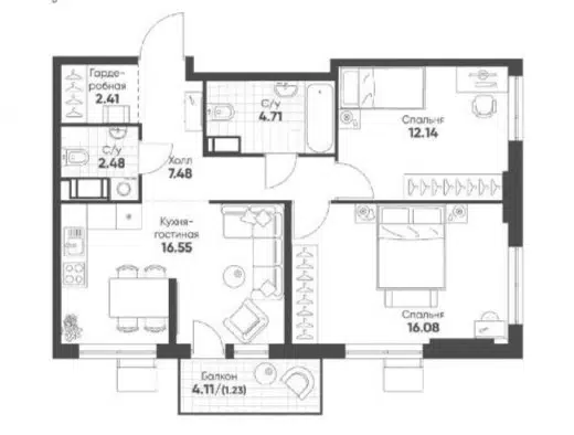 Продаётся 2-комнатная квартира, 63.08 м²