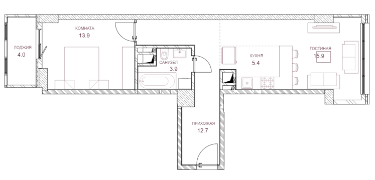 Продаётся 2-комнатная квартира, 53.9 м²