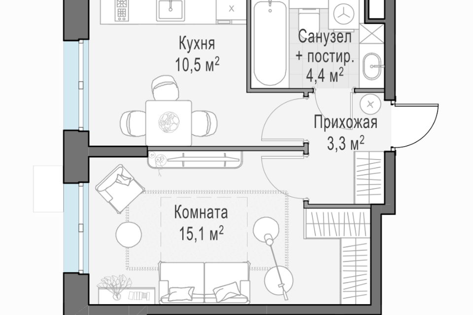 Продаётся 1-комнатная квартира, 33.3 м²