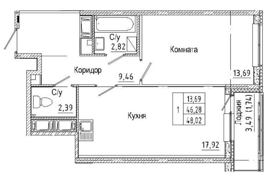 Продаётся 1-комнатная квартира, 46.28 м²