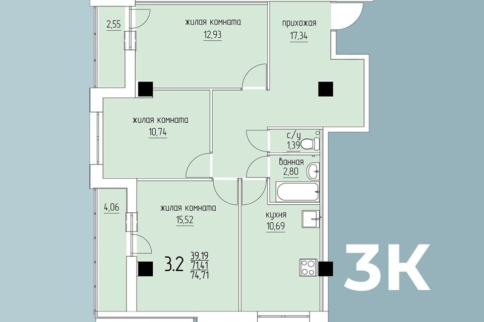 Продаётся 3-комнатная квартира, 74.4 м²