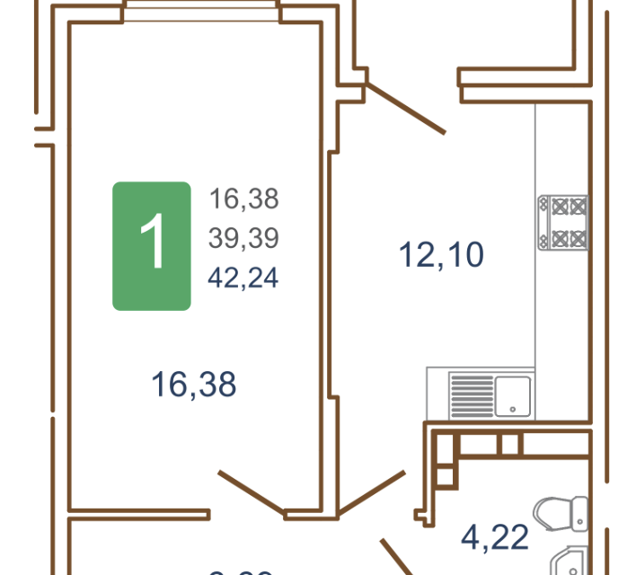 Продаётся 1-комнатная квартира, 44 м²