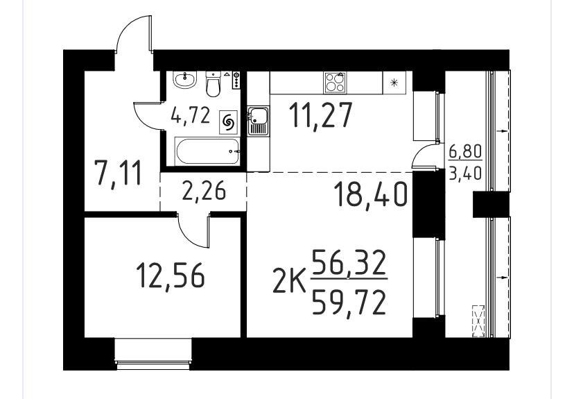 Продаётся 2-комнатная квартира, 59.72 м²