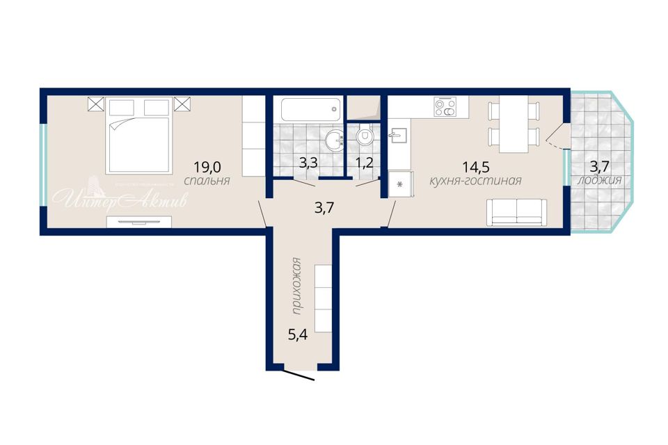 Продаётся 1-комнатная квартира, 47 м²