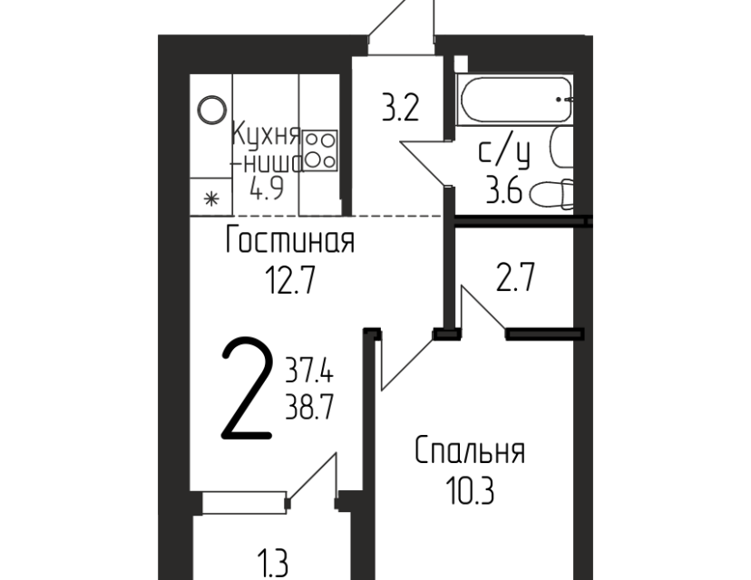 Продаётся 2-комнатная квартира, 38.7 м²