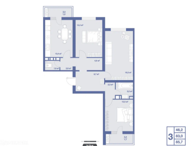 Продаётся 3-комнатная квартира, 85.7 м²