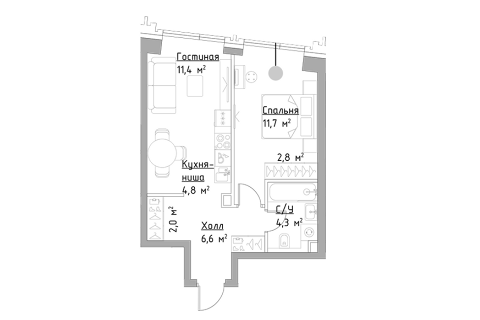 Продаётся 1-комнатная квартира, 43.6 м²