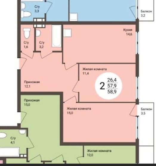 Продаётся 2-комнатная квартира, 59 м²