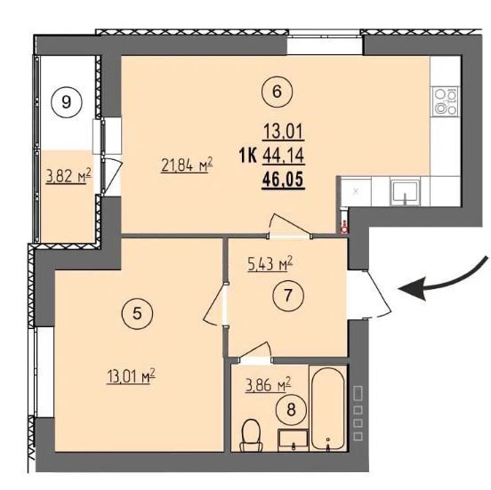Продаётся 1-комнатная квартира, 46 м²
