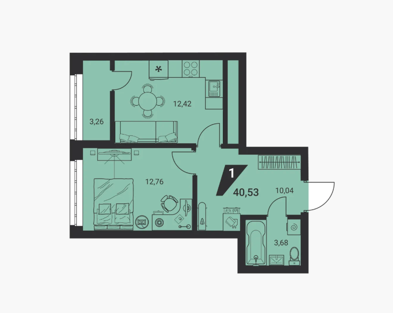 Продаётся 1-комнатная квартира, 40.53 м²