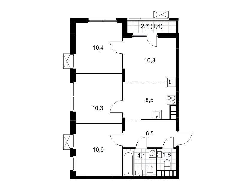 Продаётся 3-комнатная квартира, 64.2 м²