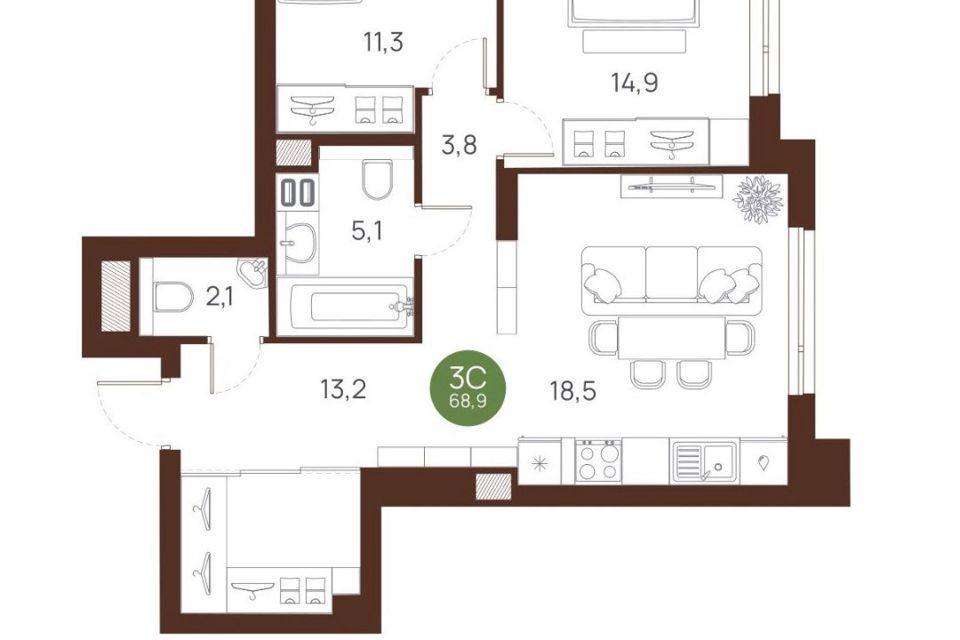 Продаётся 3-комнатная квартира, 68.9 м²