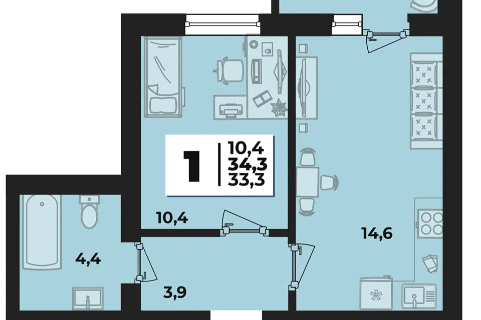 Продаётся 1-комнатная квартира, 34.3 м²