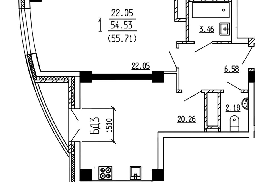 Продаётся 1-комнатная квартира, 55.5 м²
